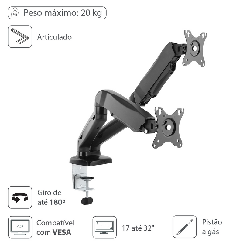 SUPORTE A GAS PARA 2 MONITORES 17'' A 32'' SM-341B